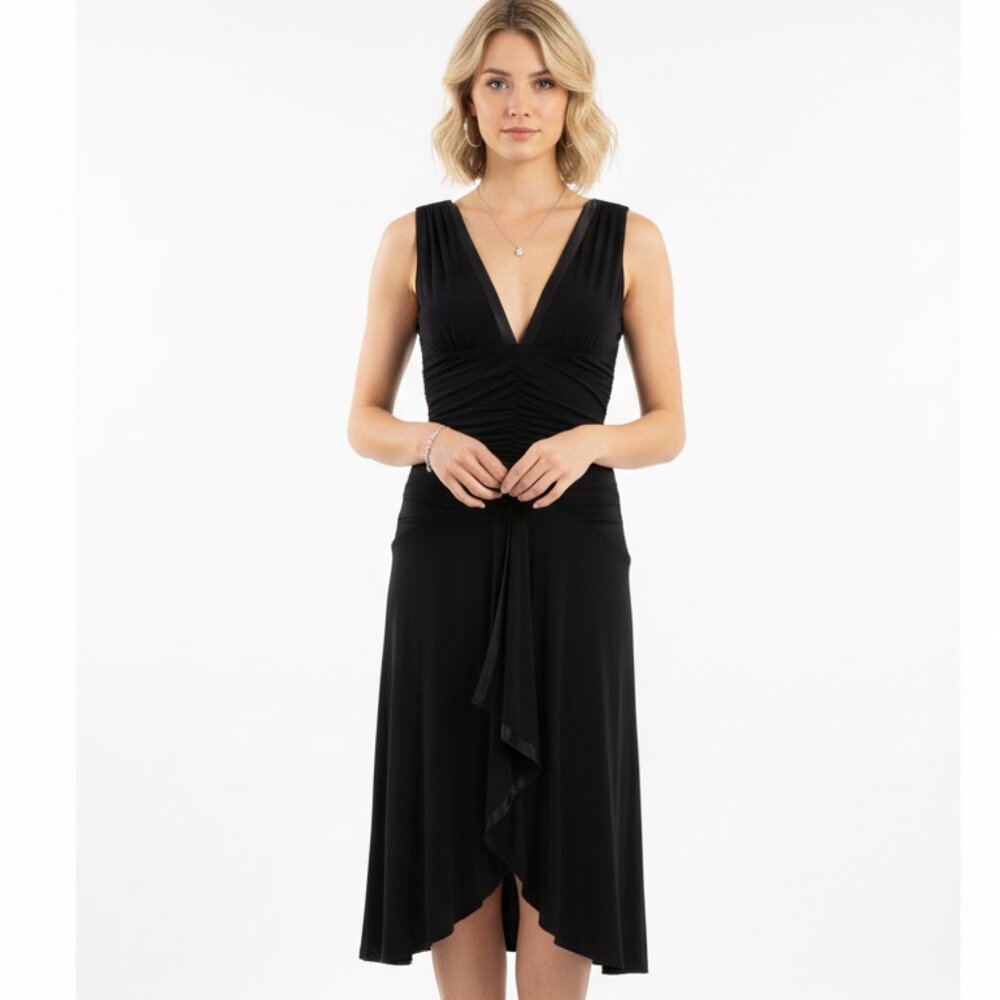 BEBE Black Sleeeveless Plunge Front Draped Sleeveless Midi Dress S